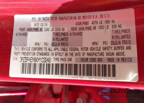 2019 Mazda Mazda3 Premium Package from USA, damaged, VIN 3MZBPAEM8KM103248